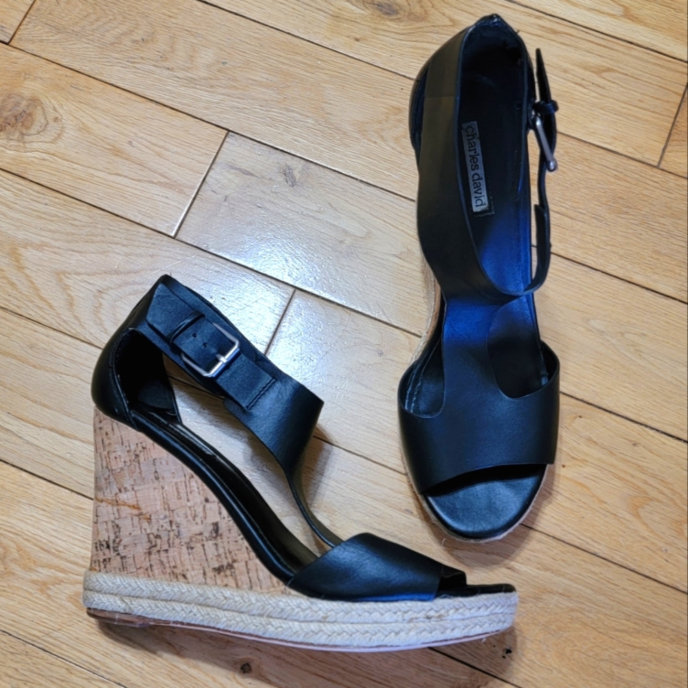 Charles David Olivia Black Leather Wedge Sandals sz 8 1/2
